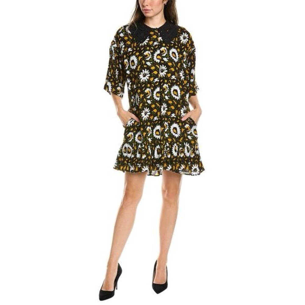 Walter Baker BIONCA Mini Swing Dress Black Floral Embroidered Collar XS NWT